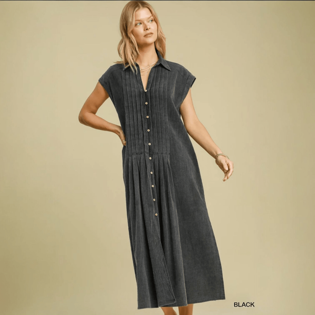 Pintucked Mineral Washed Midi Dress (2 Colors) - 260 Broadway Boutique