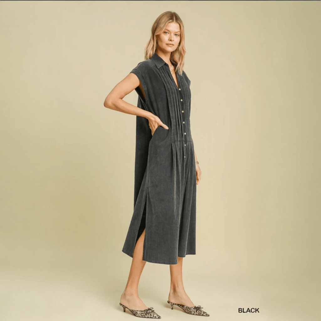 Pintucked Mineral Washed Midi Dress (2 Colors) - 260 Broadway Boutique