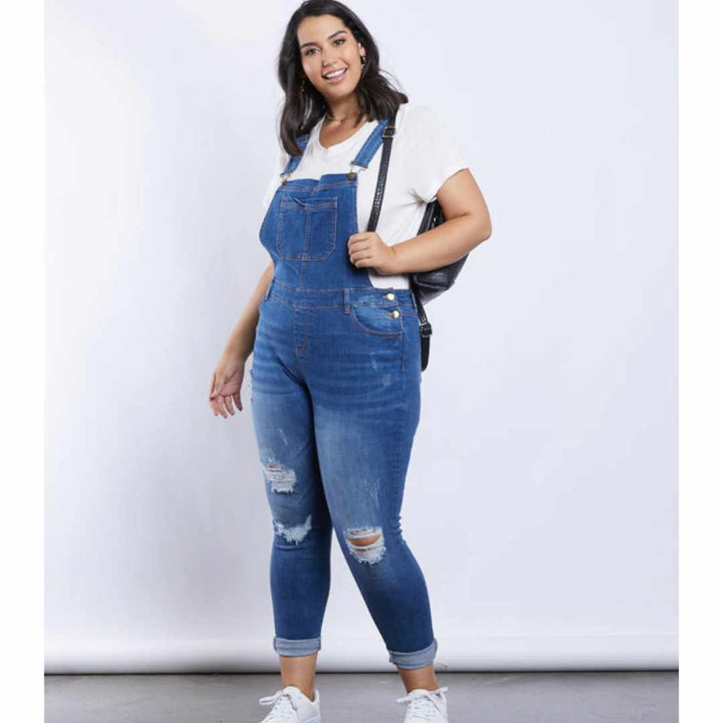 Plus Size Distressed Skinny Overalls - 260 Broadway Boutique