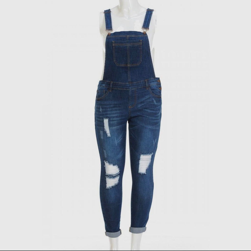 Plus Size Distressed Skinny Overalls - 260 Broadway Boutique