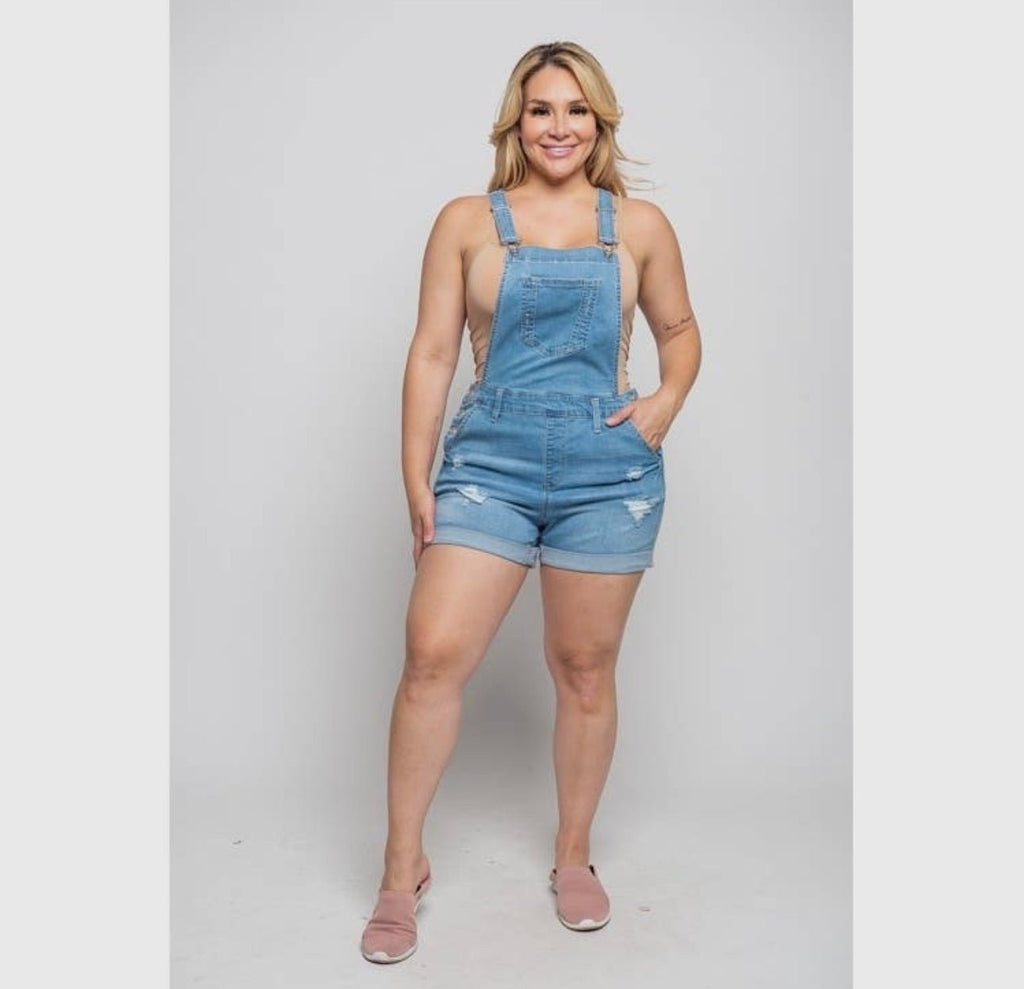 Plus Size Distressed Stretch Denim Short Overalls - 260 Broadway Boutique