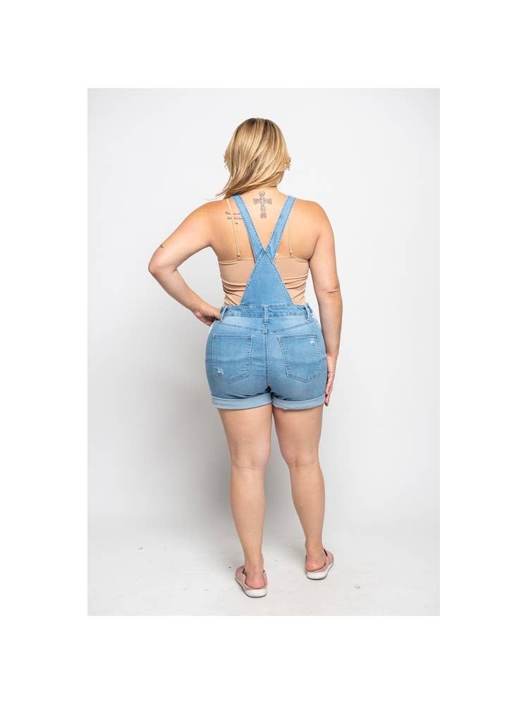 Plus Size Distressed Stretch Denim Short Overalls - 260 Broadway Boutique