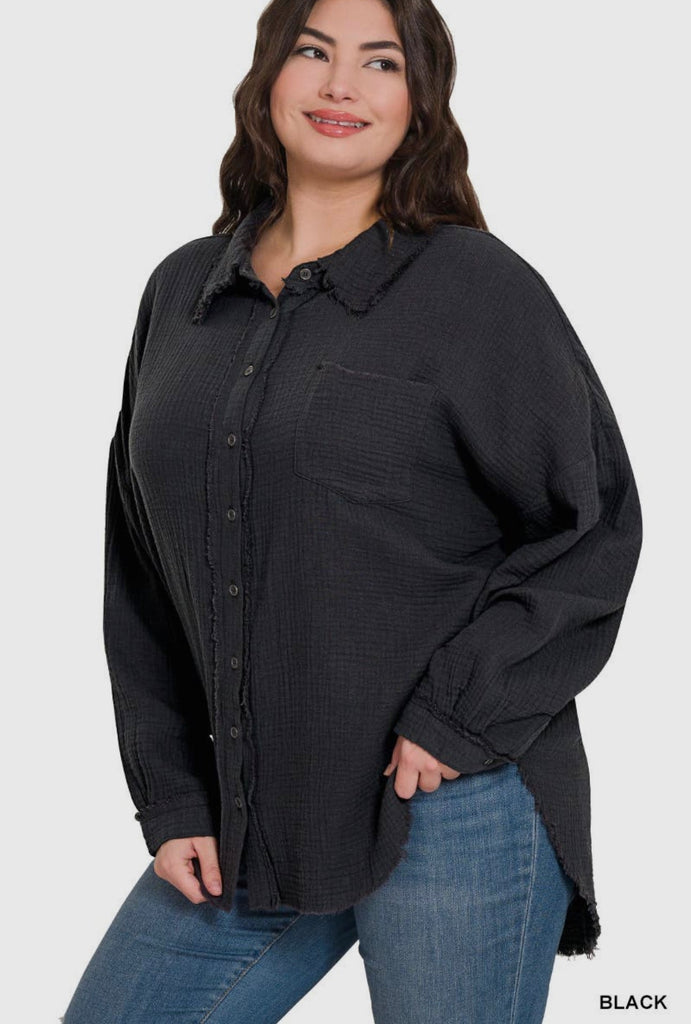 Plus Size Oversized Raw Edge Shirt - 260 Broadway Boutique