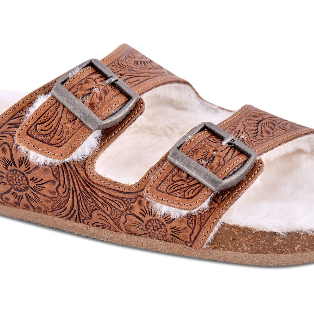 Prairie Winds Hand - tooled Fur Comfort Leather Sandals - 260 Broadway Boutique