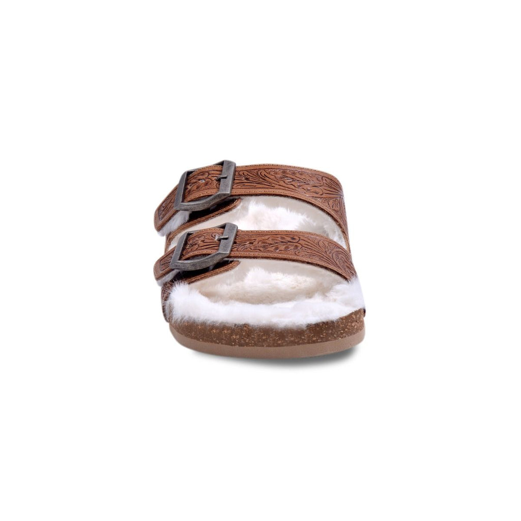 Prairie Winds Hand - tooled Fur Comfort Leather Sandals - 260 Broadway Boutique