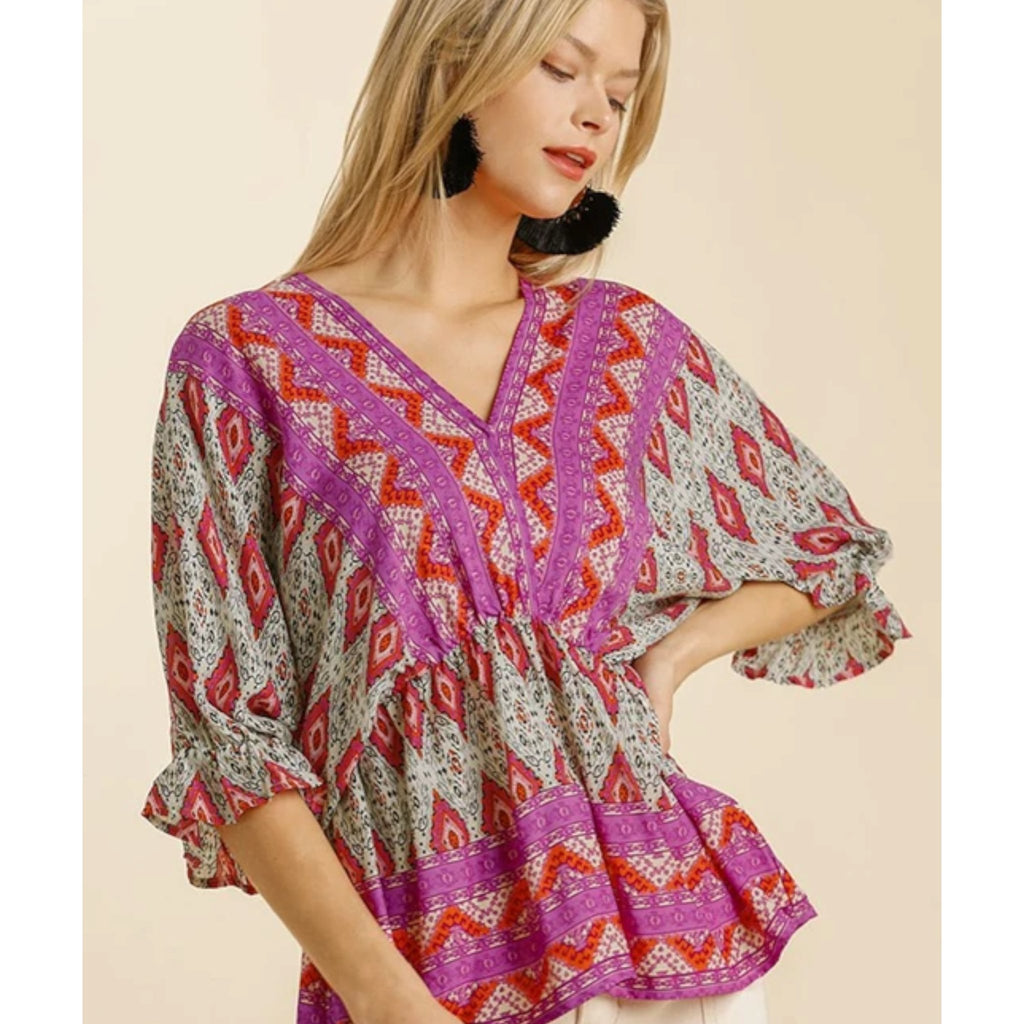 Printed V - Neck Ruffle Cuffed Long Sleeve Top with Back String Tie (2 Colors) - 260 Broadway Boutique