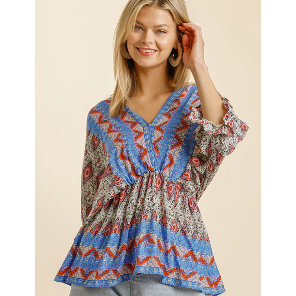 Printed V - Neck Ruffle Cuffed Long Sleeve Top with Back String Tie (2 Colors) - 260 Broadway Boutique