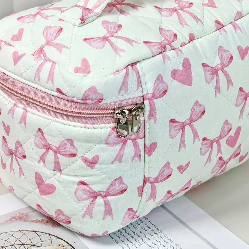 Quilted Women's Makeup Bag with Pink Heart & Bow Pattern - 260 Broadway Boutique