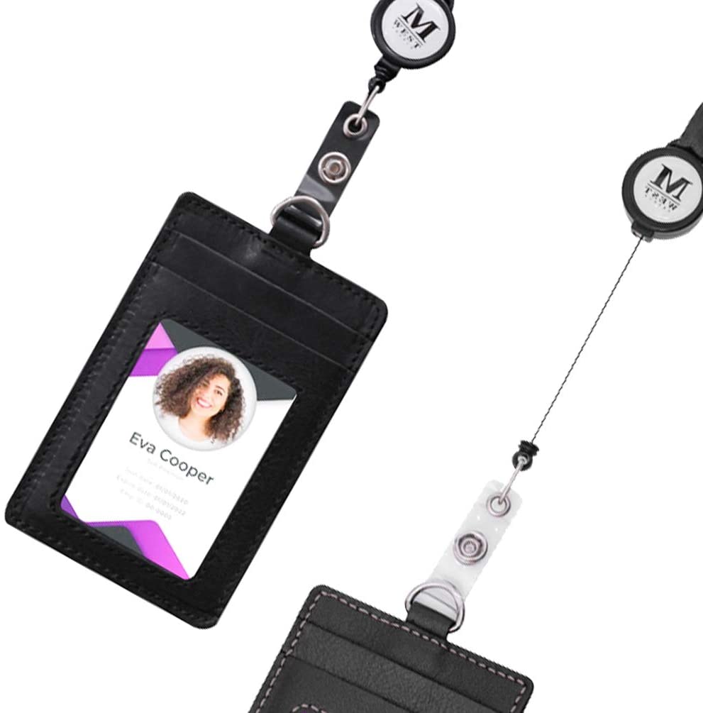 Real Leather Retractable ID Card Holder Reel Badge with Lanyard (6 Color Options) - 260 Broadway Boutique