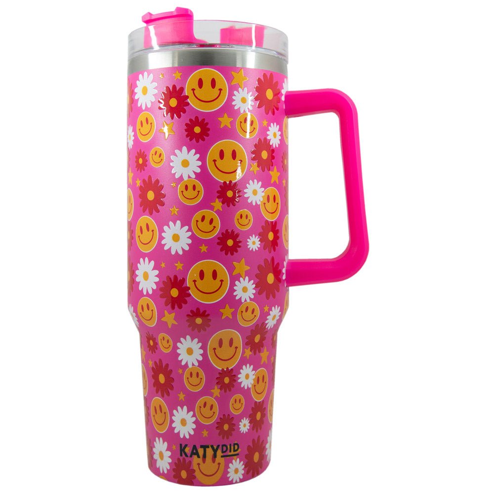 Red Flower Happy Face Tumbler Cup w/ Handle - 260 Broadway Boutique