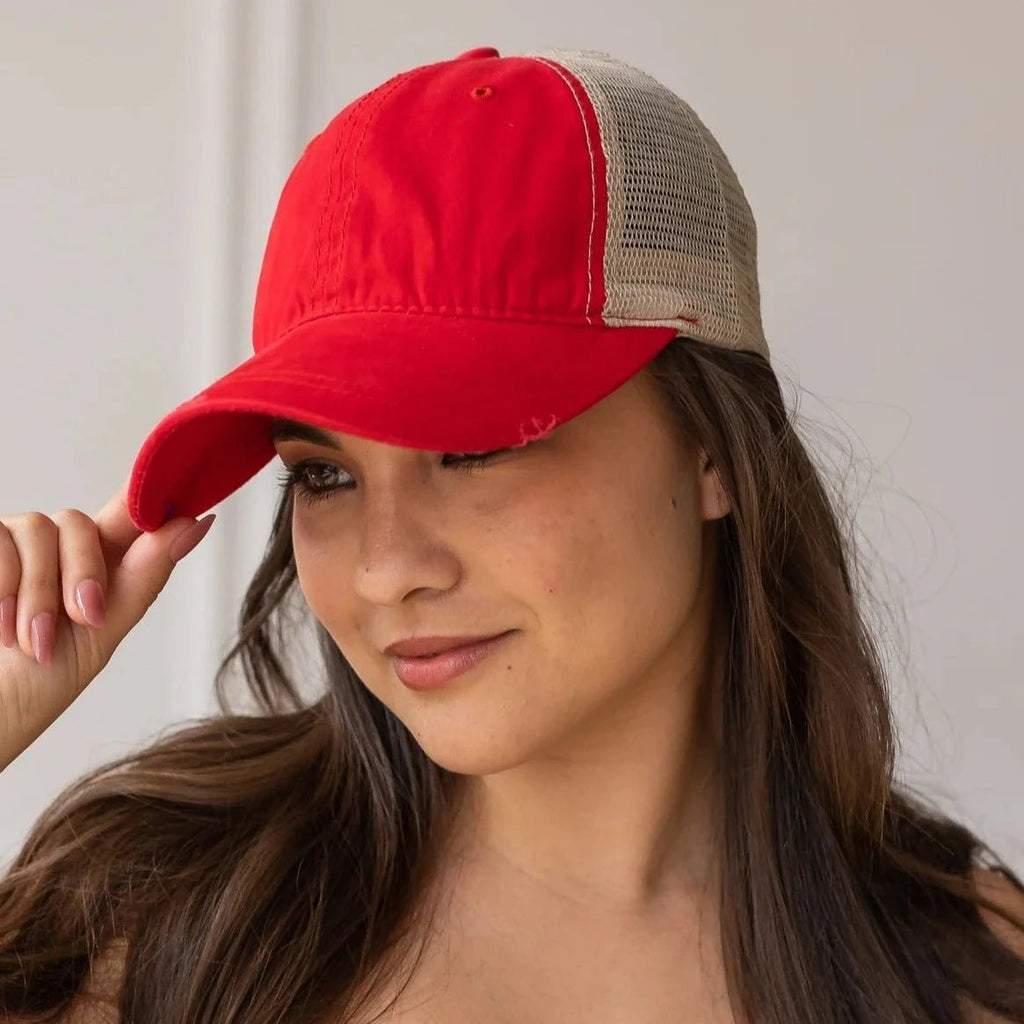 Red High Ponytail Hat - 260 Broadway Boutique