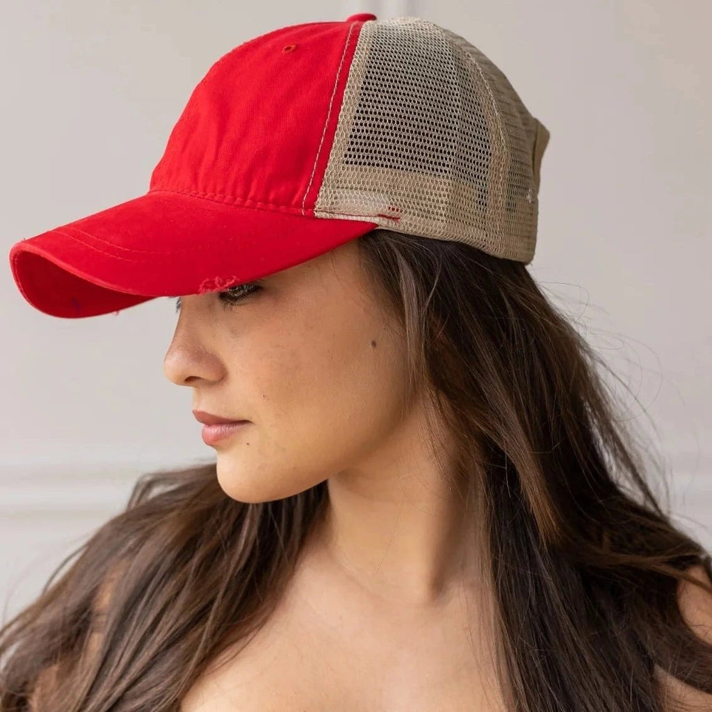 Red High Ponytail Hat - 260 Broadway Boutique