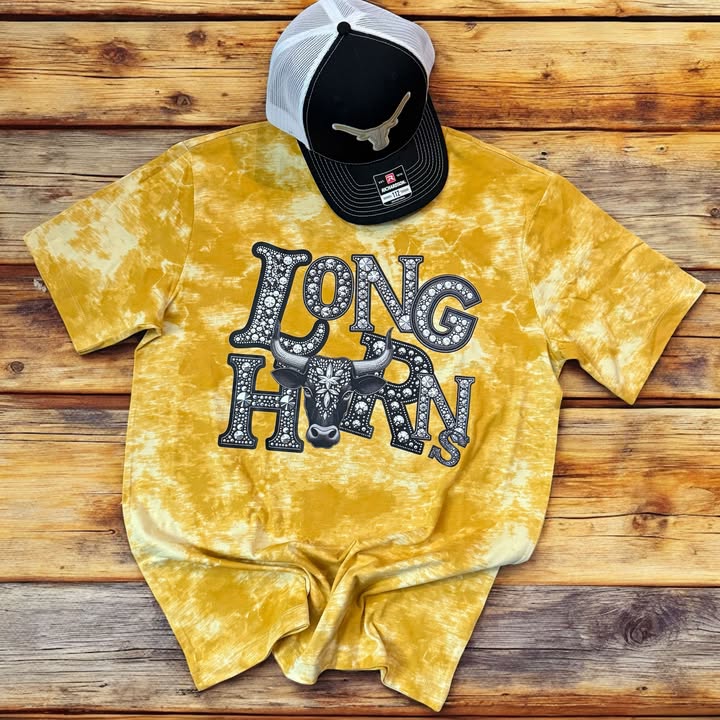 Rhinestone Longhorns Gold Tie Dye - 260 Broadway Boutique