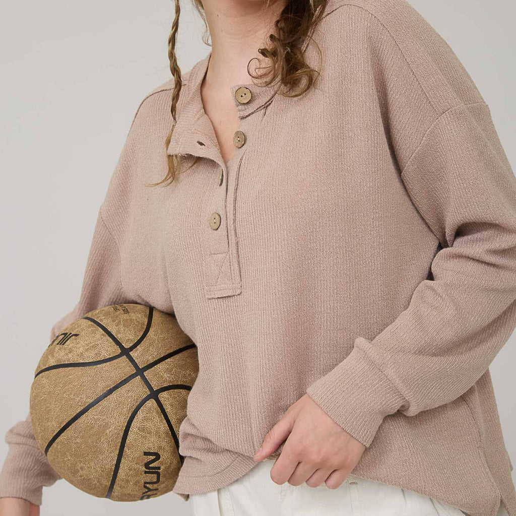 Ribbed Henley Long Sleeve Knit Top - 260 Broadway Boutique