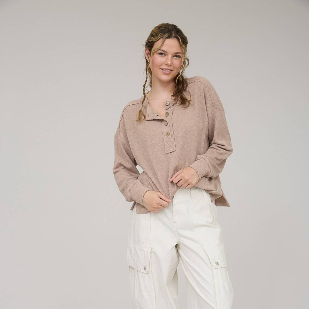 Ribbed Henley Long Sleeve Knit Top - 260 Broadway Boutique