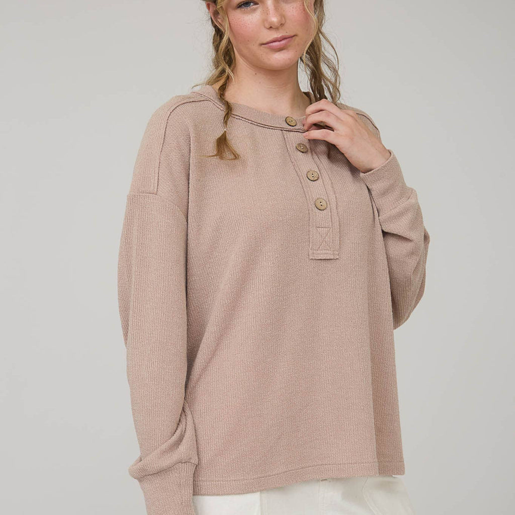 Ribbed Henley Long Sleeve Knit Top - 260 Broadway Boutique
