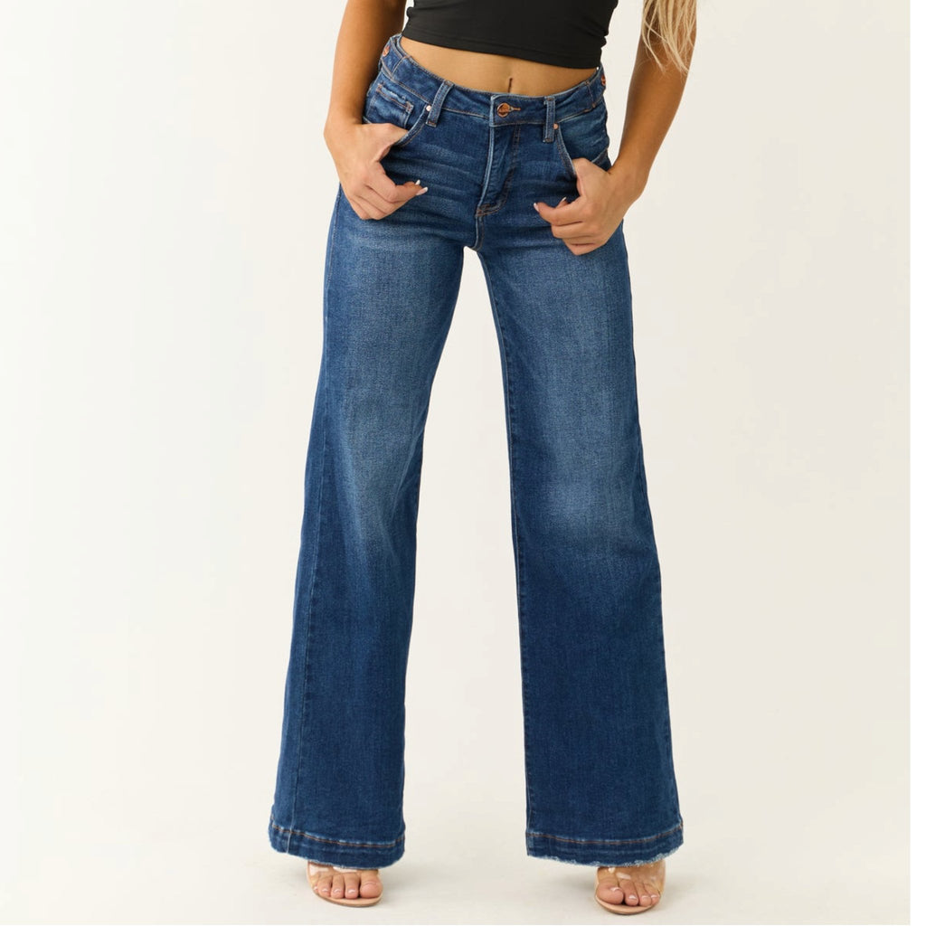 Risen Dark Wash Tummy Control Wide Leg Jeans - 260 Broadway Boutique