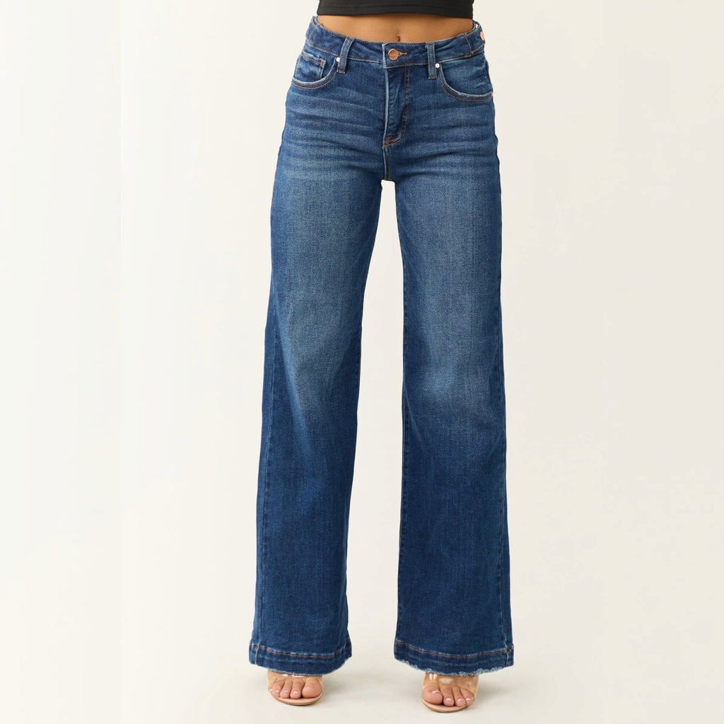 Risen Dark Wash Tummy Control Wide Leg Jeans - 260 Broadway Boutique