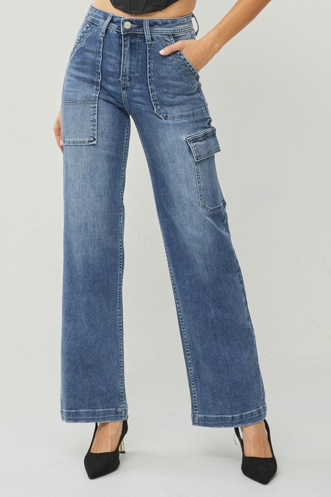 RISEN High Rise Cargo Pocket Wide Leg Jeans - 260 Broadway Boutique