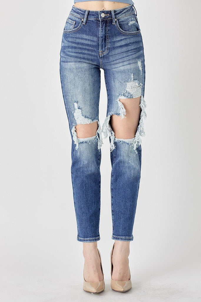 RISEN High Rise Distressed Slim Straight Legs - 260 Broadway Boutique