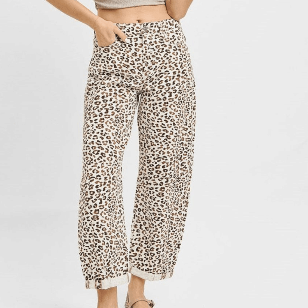 Risen High Rise Leopard Crop Barrel Jeans Cream - 260 Broadway Boutique