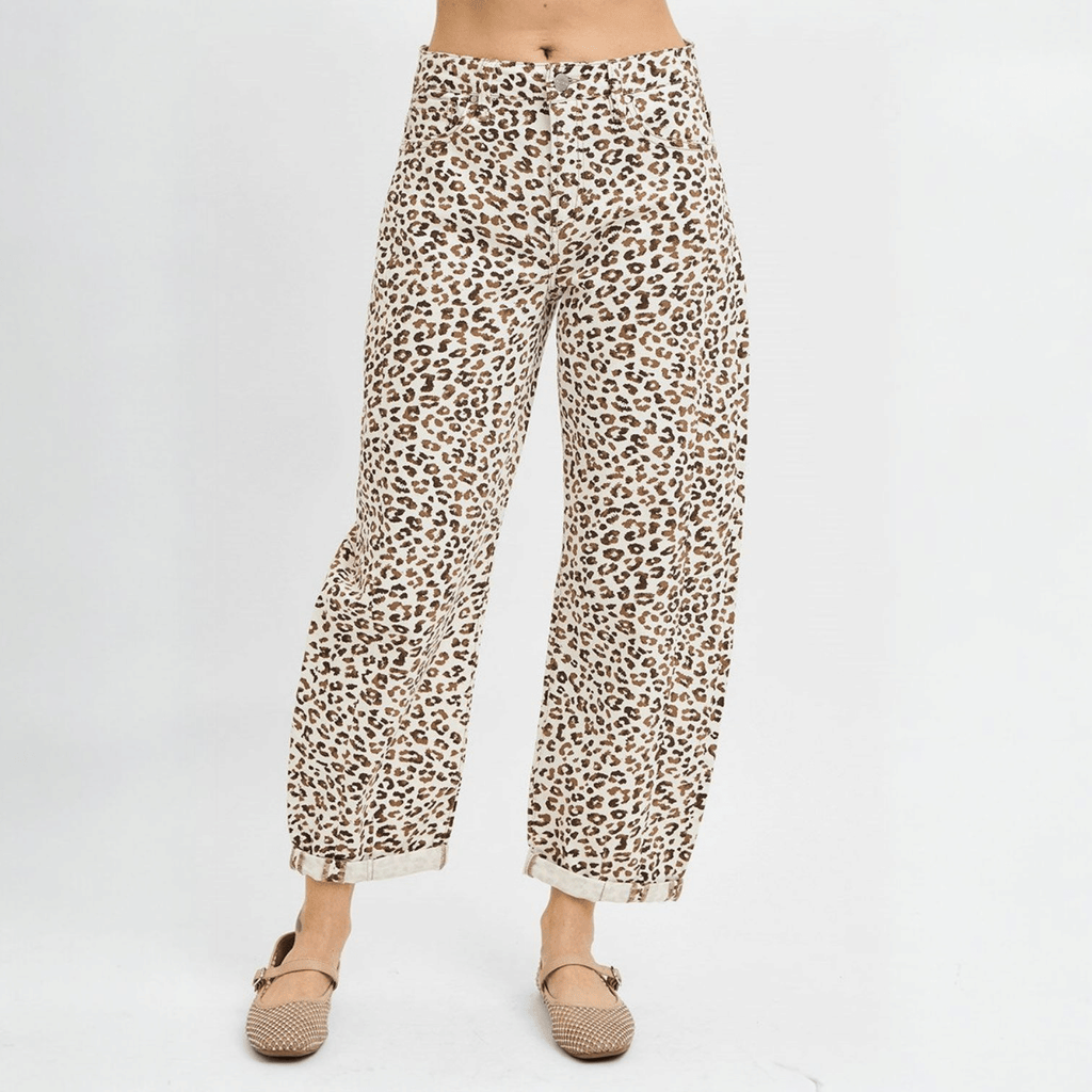 Risen High Rise Leopard Crop Barrel Jeans Cream - 260 Broadway Boutique