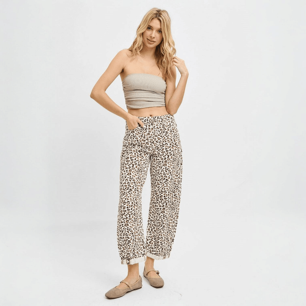 Risen High Rise Leopard Crop Barrel Jeans Cream - 260 Broadway Boutique