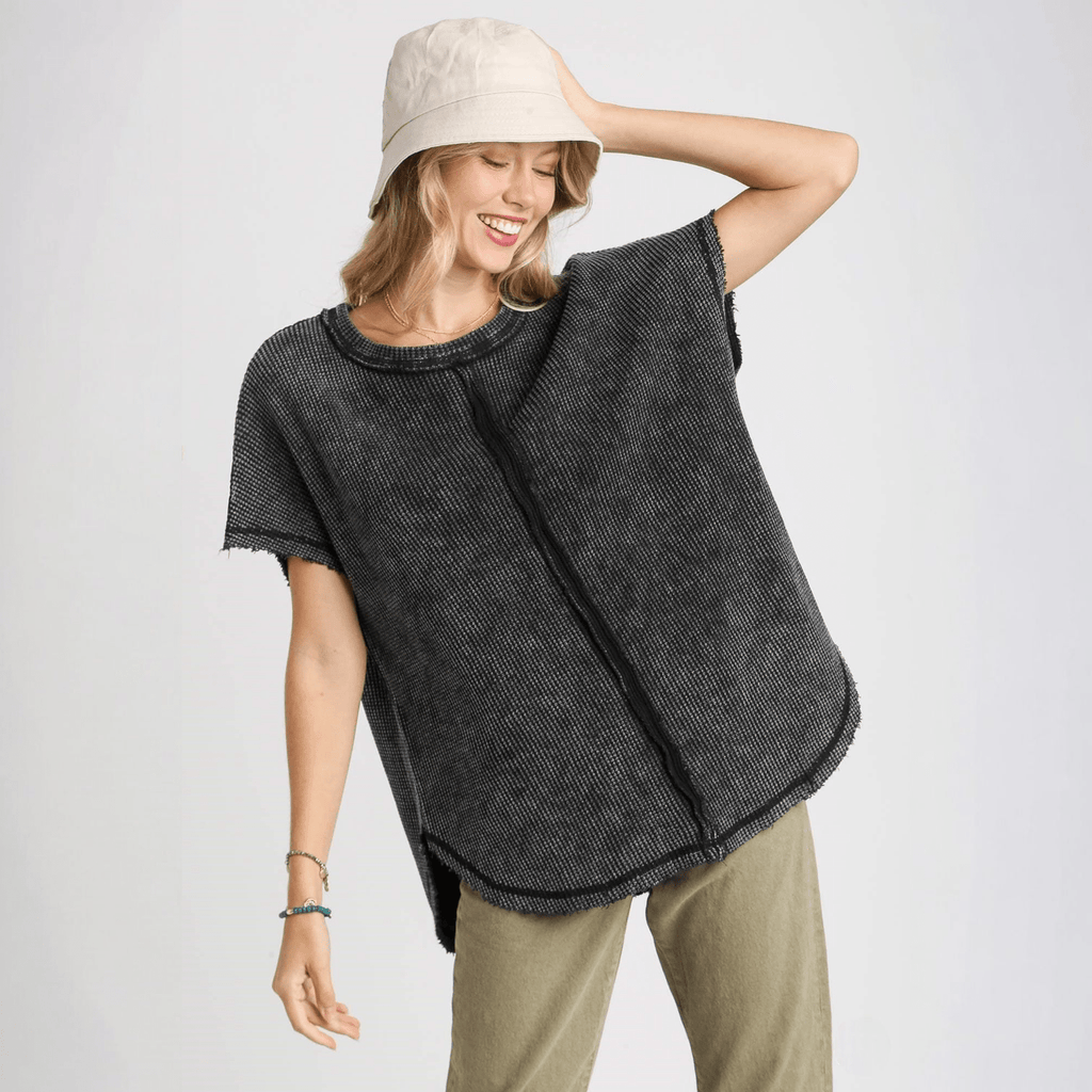 Round Neck High Low Hem Washed Waffle Top - 260 Broadway Boutique