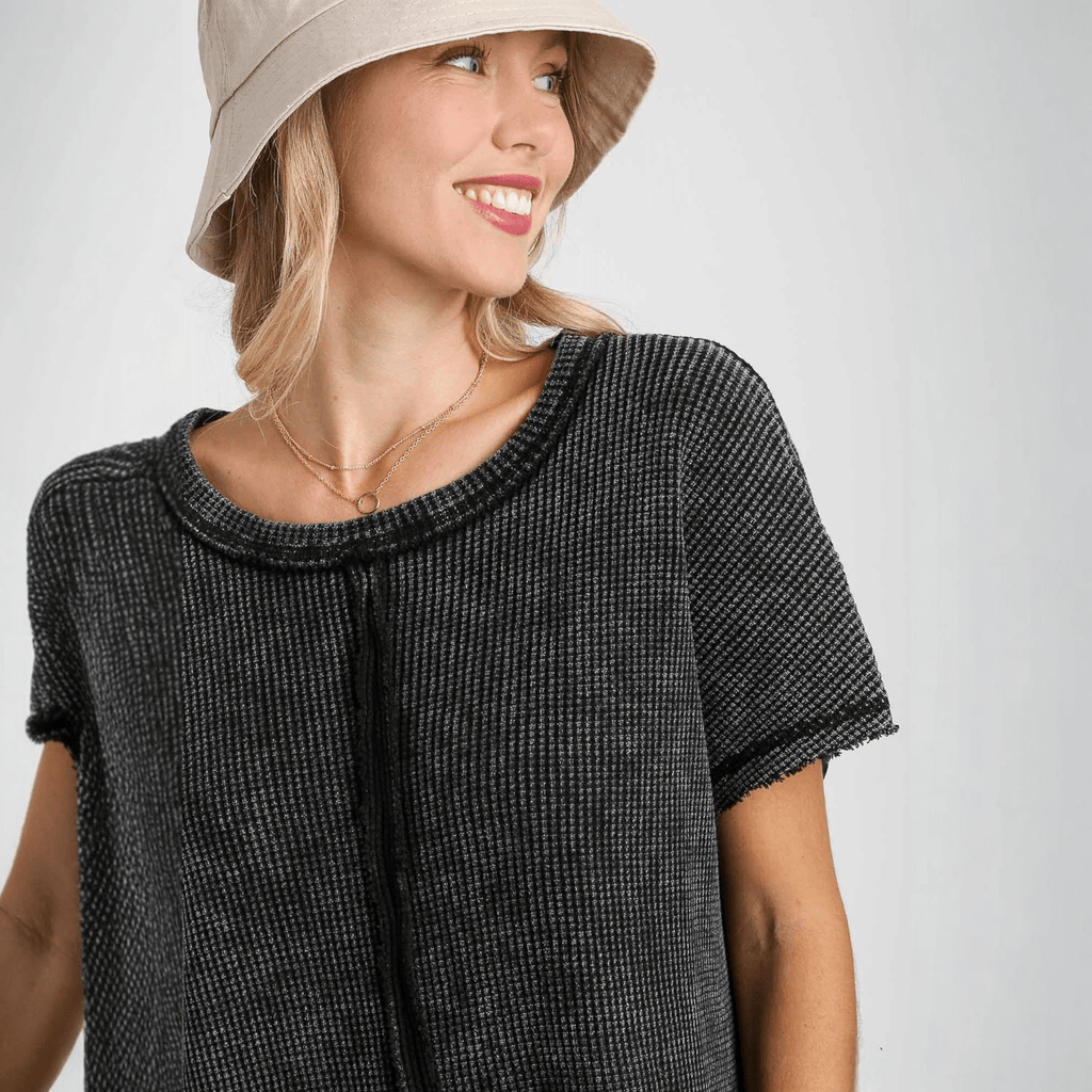 Round Neck High Low Hem Washed Waffle Top - 260 Broadway Boutique