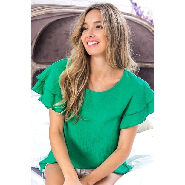 Ruffle Sleeve Wrinkled Cotton Gauze Top (3 Colors Available) - 260 Broadway Boutique