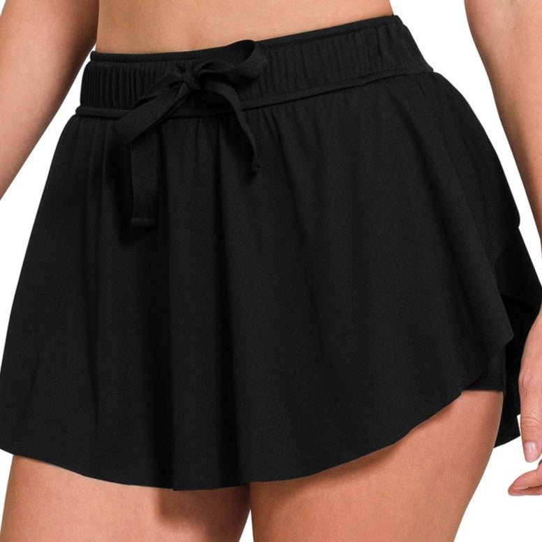 Ruflle Hem Tennis Skirt w/Hidden Inner Pockets - BLACK - 260 Broadway Boutique