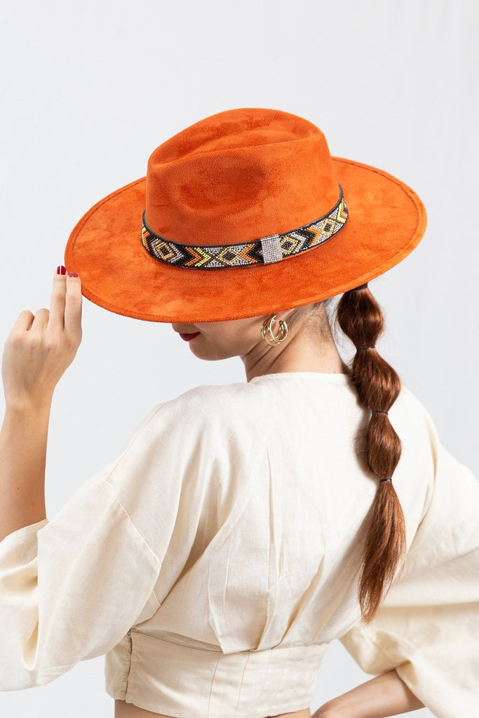 Rust Suede Fedora Hat w/Beaded Aztec Band - 260 Broadway Boutique