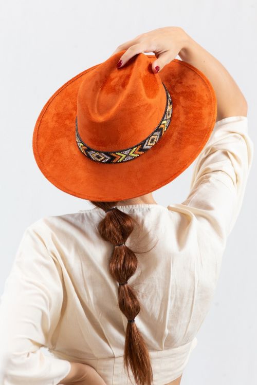 Rust Suede Fedora Hat w/Beaded Aztec Band - 260 Broadway Boutique