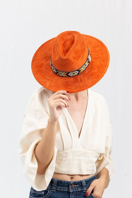 Rust Suede Fedora Hat w/Beaded Aztec Band - 260 Broadway Boutique