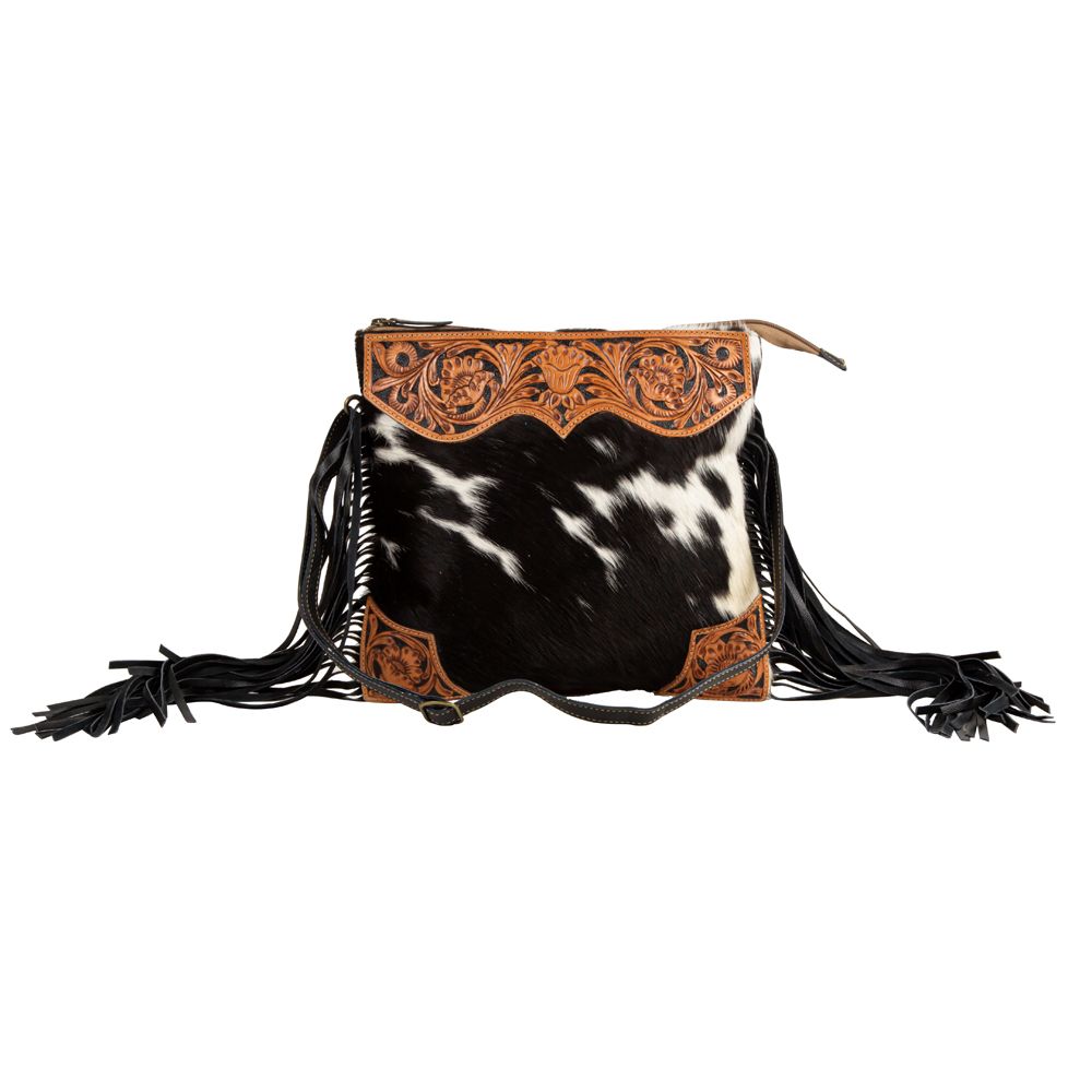 Myra Lunatone cowhide and embossed leather with floral design fringe boho  western crossbody shoulder purse