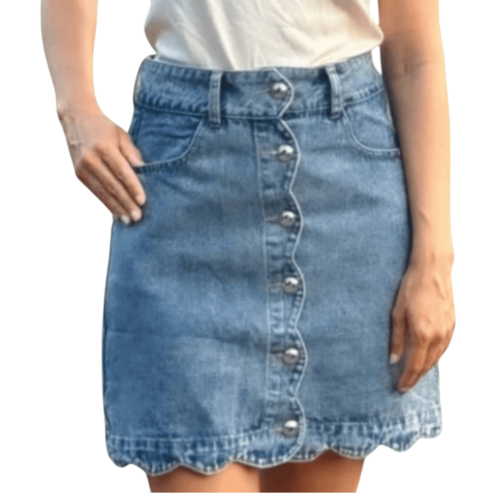 Scallop Front Button Denim Skirt - 260 Broadway Boutique