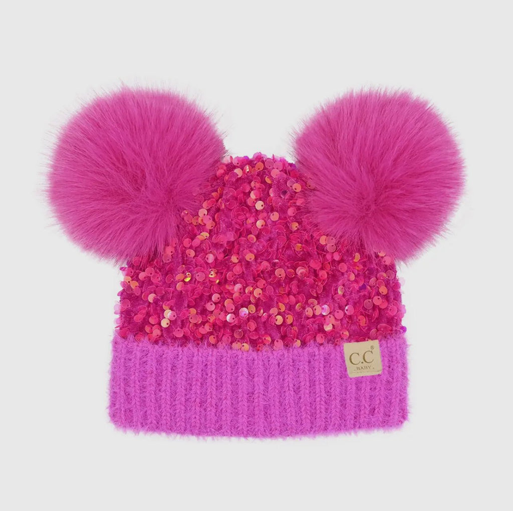 Sequin Pom Pom C.C. BABY Beanie Multiple Colors - 260 Broadway Boutique