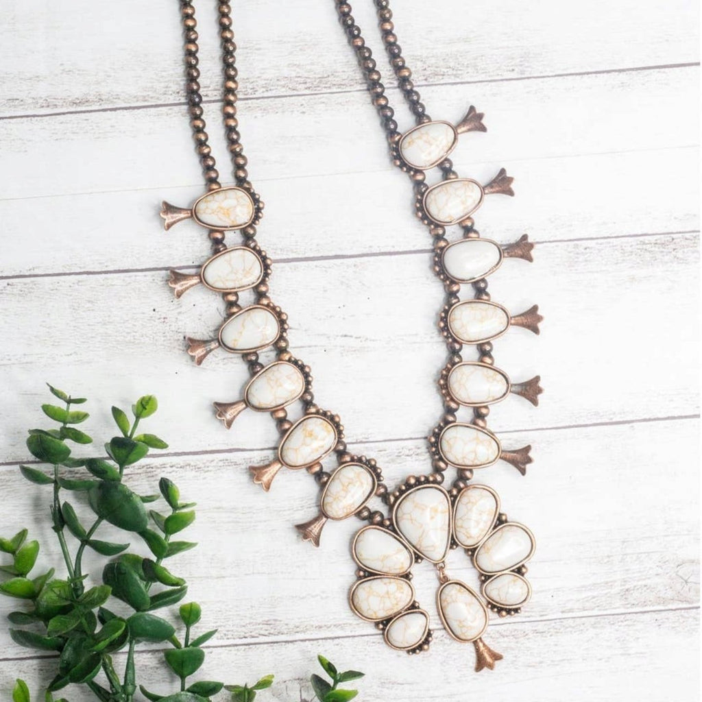 She Can't Be Tamed White Howlite Copper Squash Blossom Navajo Pearl Necklace - 260 Broadway Boutique