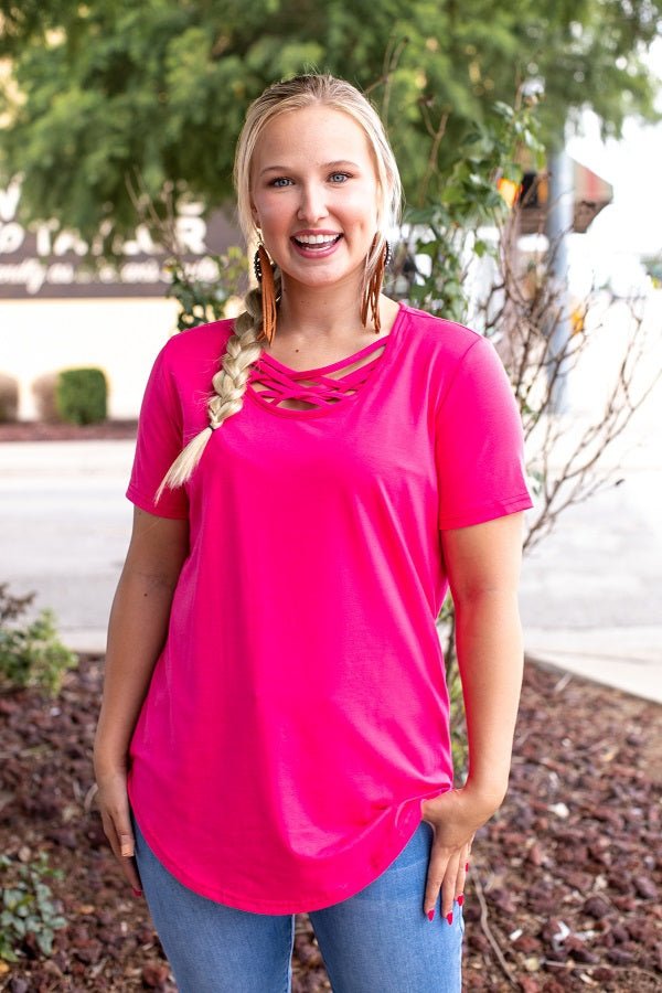 Short Sleeve Loose Fit Top With Caged Neckline (3 Colors) - 260 Broadway Boutique