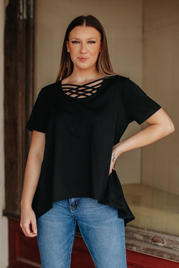 Short Sleeve Loose Fit Top With Caged Neckline (3 Colors) - 260 Broadway Boutique