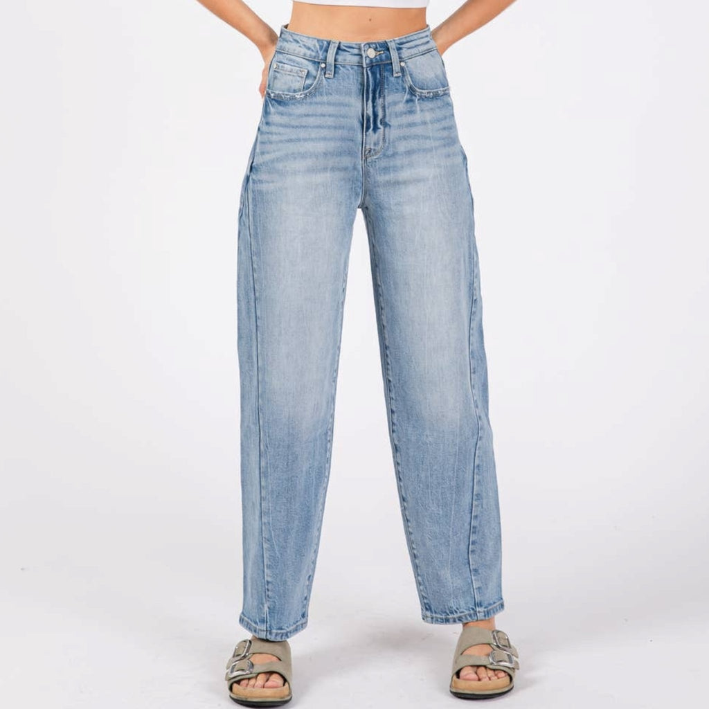 Side Seam Detailing High Rise Comfort Barrel Jeans - 260 Broadway Boutique