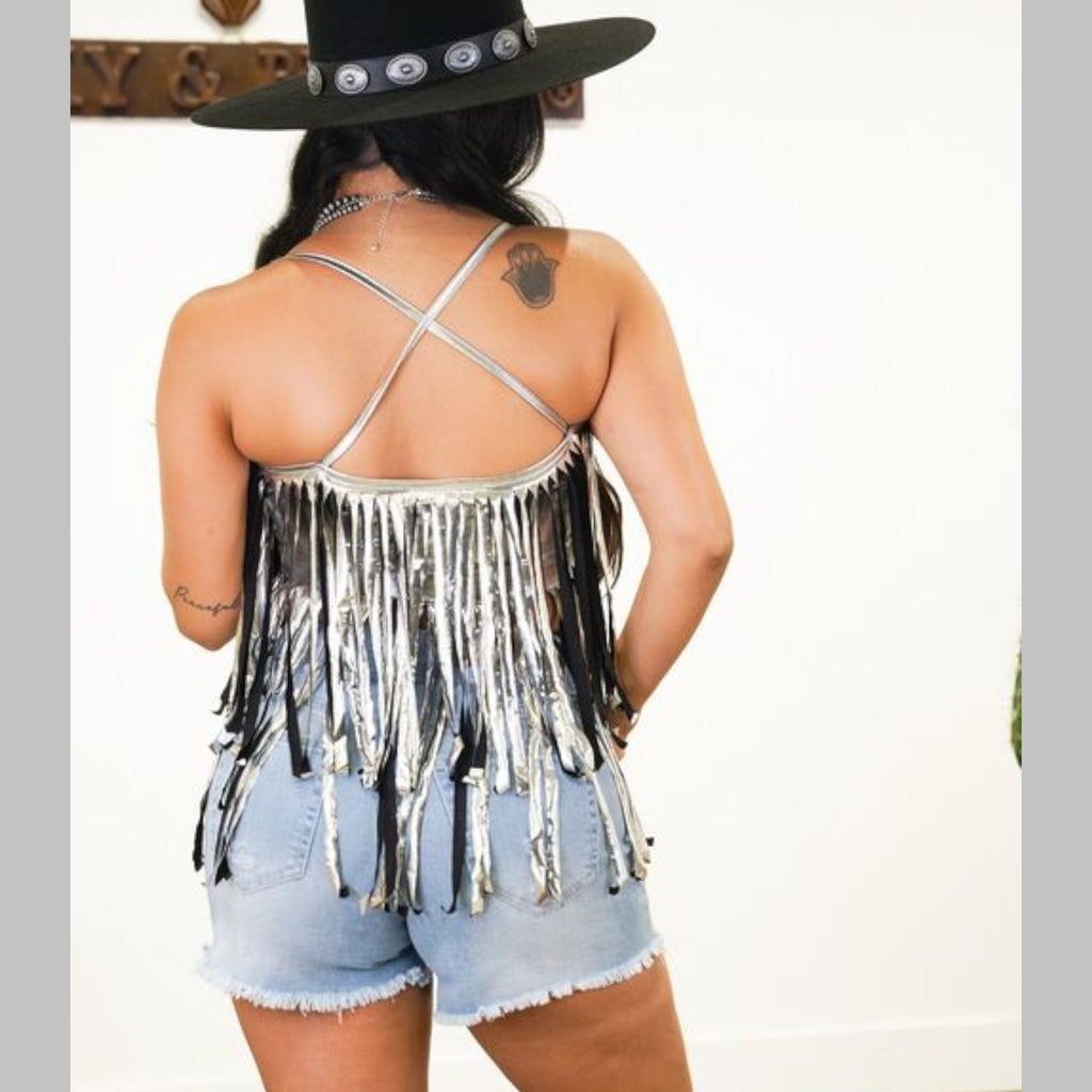 Silver Faux Leather Fringe Crop Top - 260 Broadway Boutique