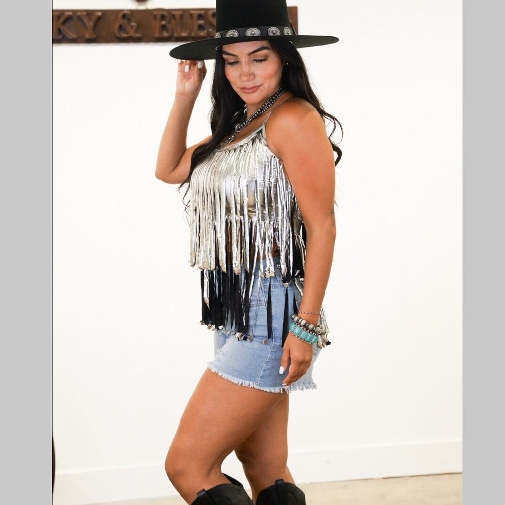 Silver Faux Leather Fringe Crop Top - 260 Broadway Boutique