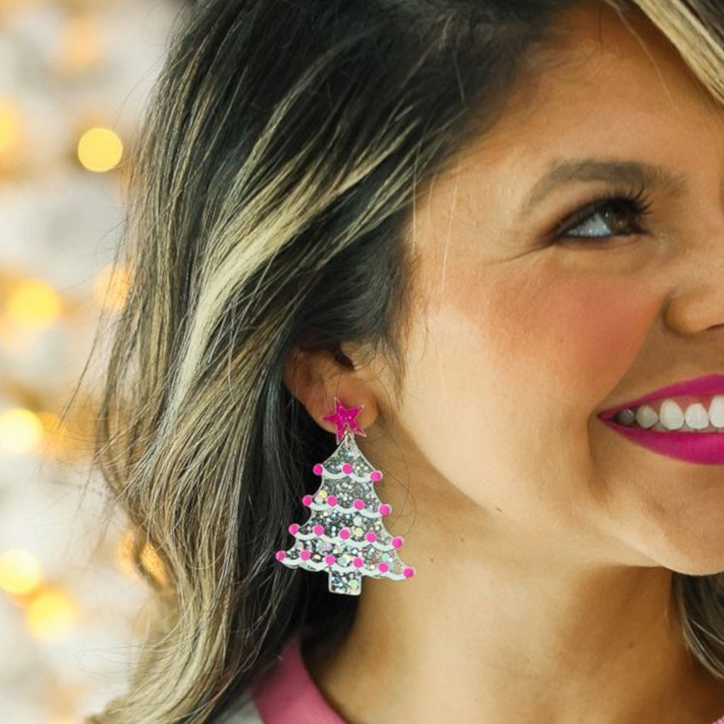 Silver & Pink Christmas Tree Earrings - 260 Broadway Boutique