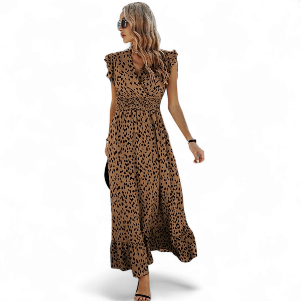 Sleeveless Tie Waist Surplice Wrap Leopard Dress - 260 Broadway Boutique