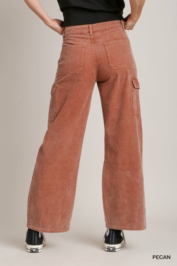 Solid Mineral Wash Corduroy Straight Cargo Pants - 260 Broadway Boutique