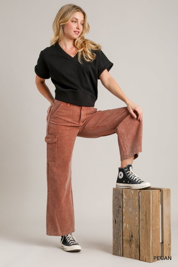 Solid Mineral Wash Corduroy Straight Cargo Pants - 260 Broadway Boutique