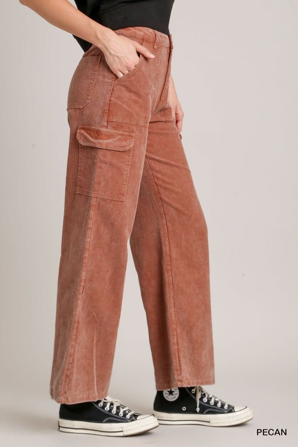 Solid Mineral Wash Corduroy Straight Cargo Pants - 260 Broadway Boutique