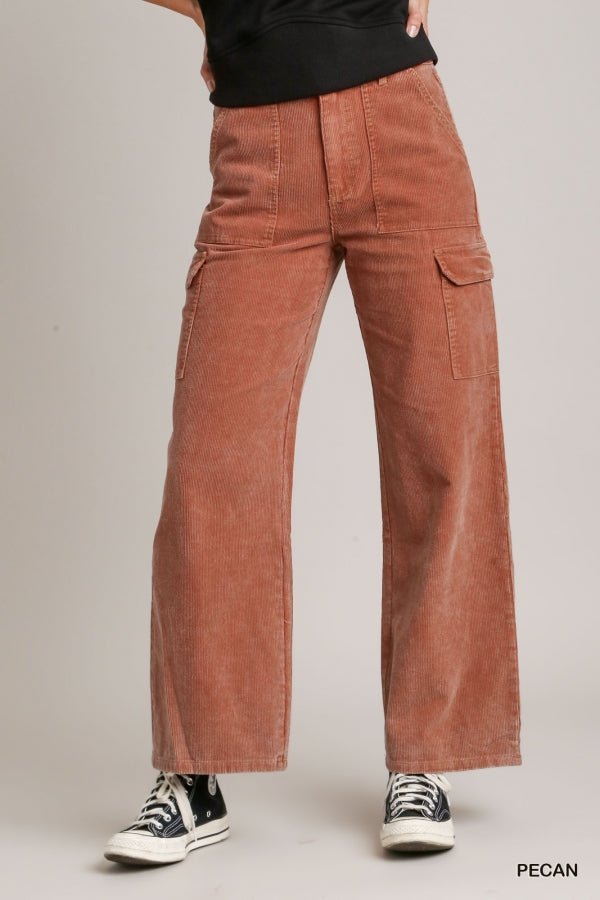 Solid Mineral Wash Corduroy Straight Cargo Pants - 260 Broadway Boutique