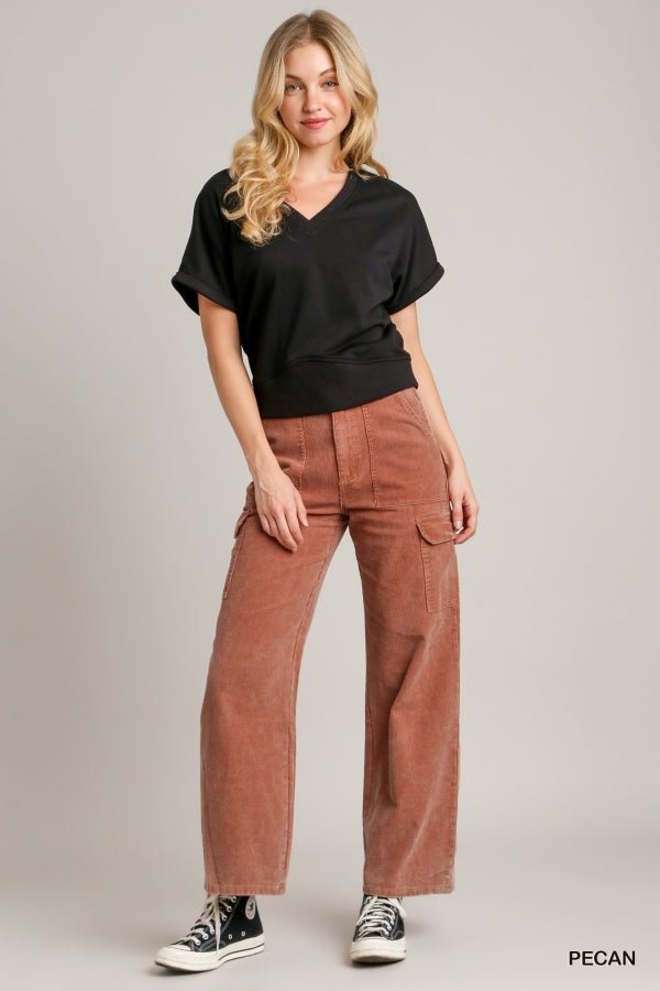 Solid Mineral Wash Corduroy Straight Cargo Pants - 260 Broadway Boutique